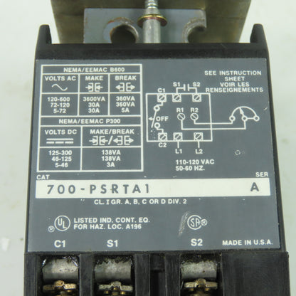 Allen Bradley 700-PSRTA1 Ser A Solid State Timer 600VAC/300VDC Max 120V Line