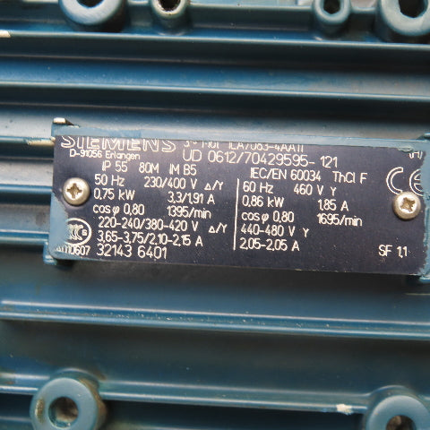 Siemens 1LA7083-4AA1 33.4:1 Ratio .75kW 3Ph 230-480V 50/60Hz Gear Motor