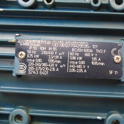 Siemens 1LA7083-4AA1 33.4:1 Ratio .75kW 3Ph 230-480V 50/60Hz Gear Motor