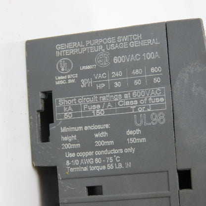 ABB OT125E3 100A General Purpose Panel Operator Safety Disconnect Switch 600VAC