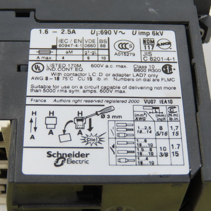 Schneider Telemecanique LRD 07 1.6-2.5A Thermal Overload Relay W/ LAD7B106