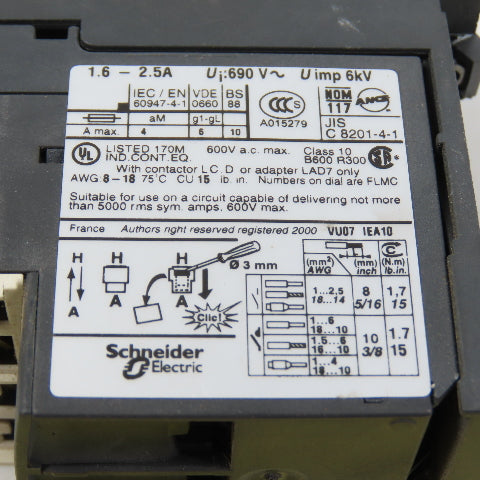 Schneider Telemecanique LRD 07 1.6-2.5A Thermal Overload Relay W/ LAD7B106