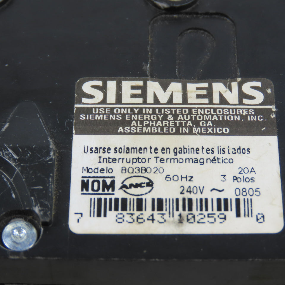 Siemens Gould BQ3B020 Type BQ 3-Pole 20A Circuit Breaker 240VAC Lot Of 2