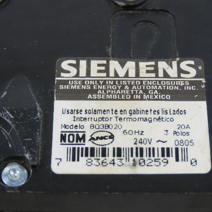 Siemens Gould BQ3B020 Type BQ 3-Pole 20A Circuit Breaker 240VAC Lot Of 2