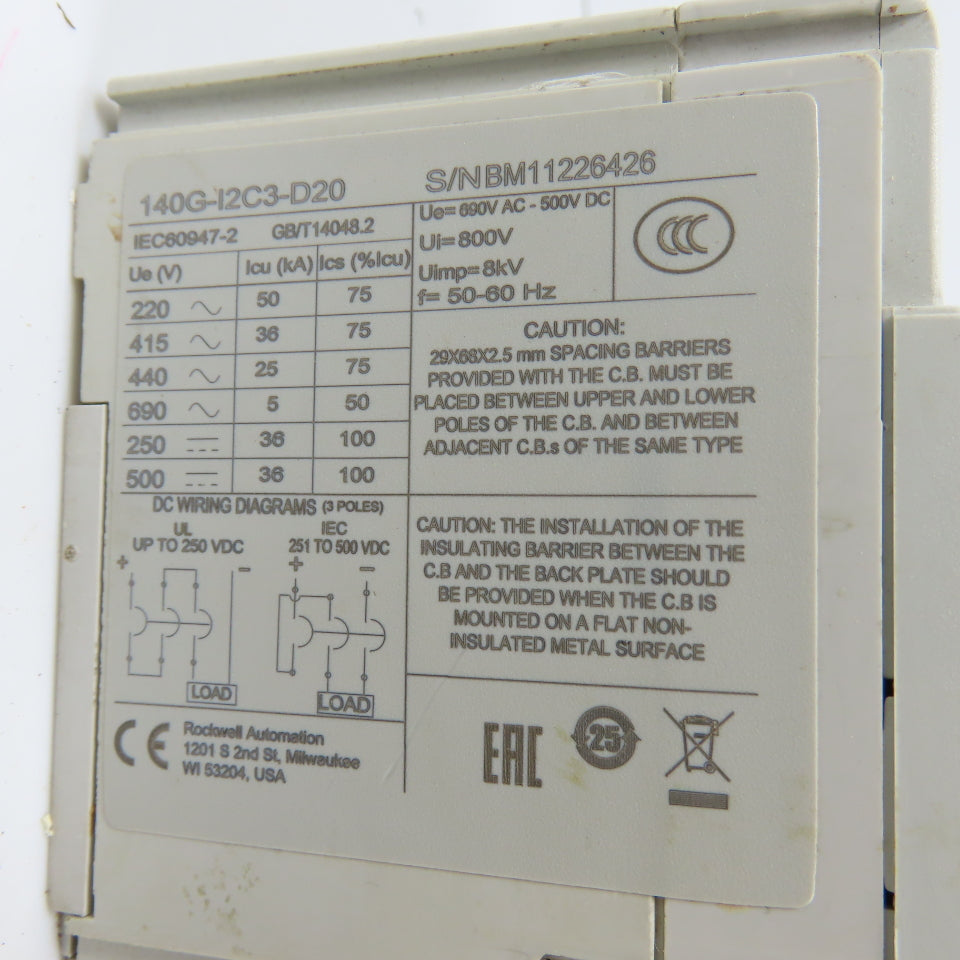 Allen Bradley 140G-I2C3-D20 200A Circuit Breaker W/ 140G-G-RMX Operator &140U-PY
