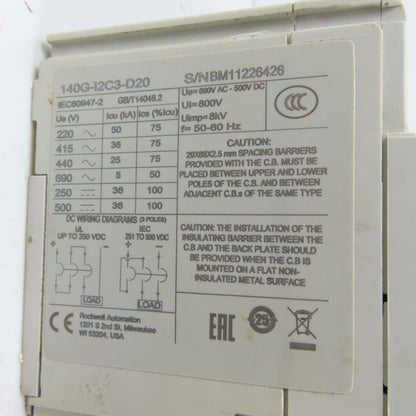 Allen Bradley 140G-I2C3-D20 200A Circuit Breaker W/ 140G-G-RMX Operator &140U-PY