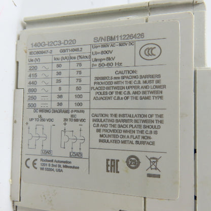 Allen Bradley 140G-I2C3-D20 200A Circuit Breaker W/ 140G-G-RMX Operator &140U-PY