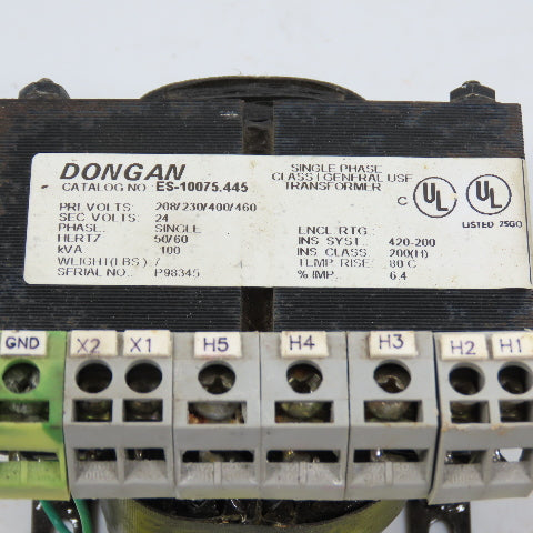 Dongan ES-10075.445 0.100kVA Single Phase Transformer Pri 208/230/460 Sec 24VAC