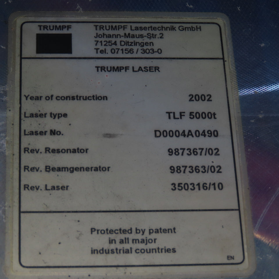 Trumph TLF 5000t CNC Laser Resonator Beam Generator Mfg. 2002