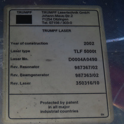 Trumph TLF 5000t CNC Laser Resonator Beam Generator Mfg. 2002