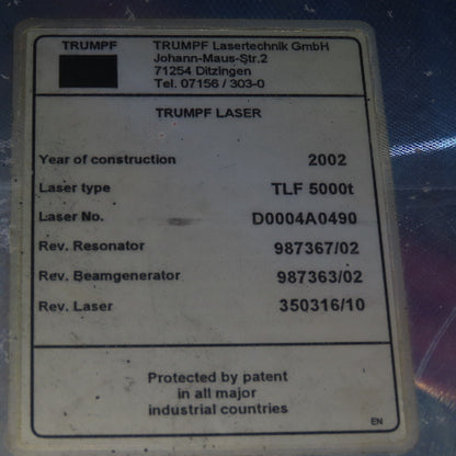 Trumph TLF 5000t CNC Laser Resonator Beam Generator Mfg. 2002