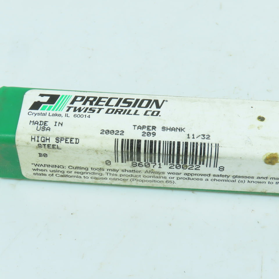 Precision Twist 20022 11/32" 2-Flute HSS Drill Bit 118° Tip Morse Taper MT1 USA