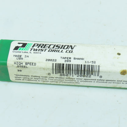 Precision Twist 20022 11/32" 2-Flute HSS Drill Bit 118° Tip Morse Taper MT1 USA