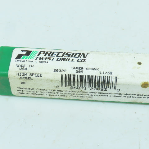 Precision Twist 20022 11/32" 2-Flute HSS Drill Bit 118° Tip Morse Taper MT1 USA