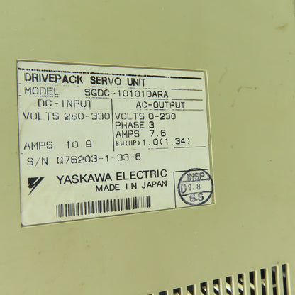 Yaskawa SGDC-101010ARA Servo Drive Unit 280/330VDC In 230VAC Out 3Ph 7.6A 1KW