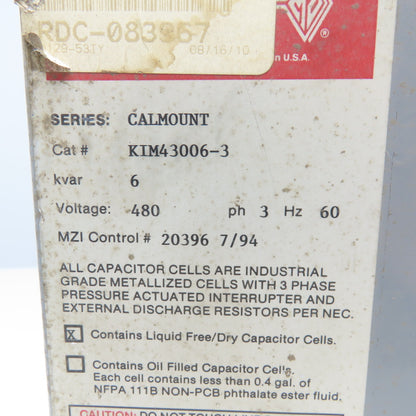 Myron Zucker KIM43006-3 480V 3Ph 6kVar Calmount Capacitor