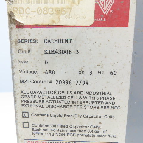 Myron Zucker KIM43006-3 480V 3Ph 6kVar Calmount Capacitor