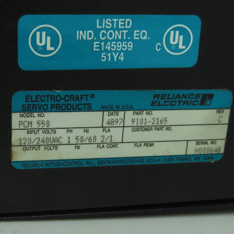 Electro-Craft PCM 550 9101-2165 120/240VAC Servo Controller 1Ph 50/60Hz 2/1FLA