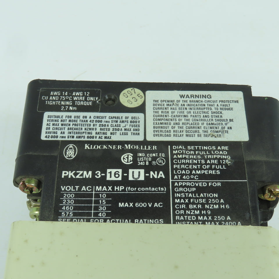 Klockner-Moeller PKZM 3-16-U-NA 40HP 600VAC Manual Motor Starter