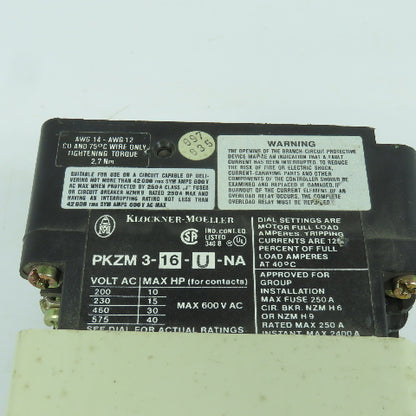 Klockner-Moeller PKZM 3-16-U-NA 40HP 600VAC Manual Motor Starter
