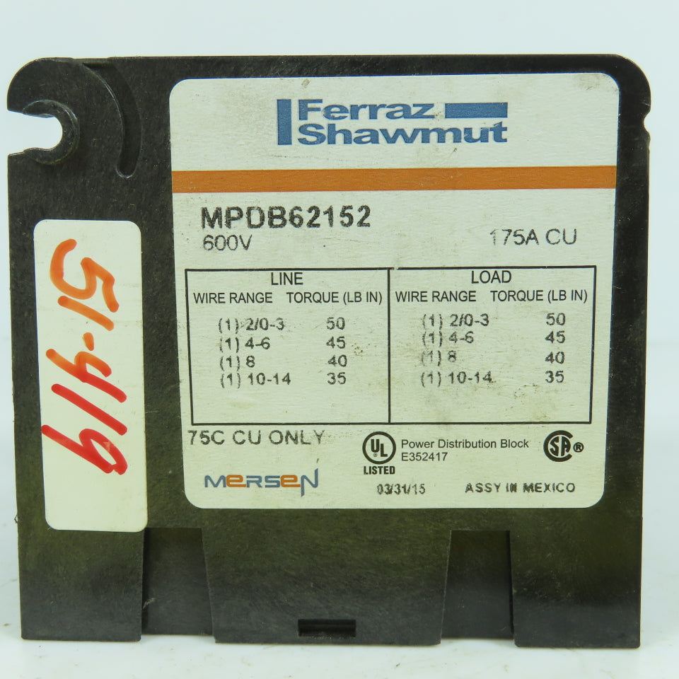 Ferraz Shawmut MPDB62152 600V 175A Power Distribution Block 75C CU Only