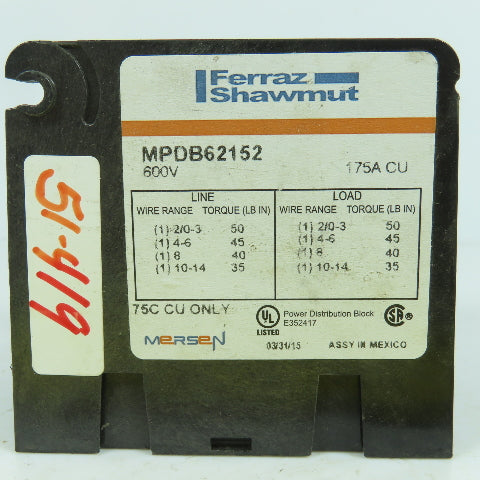 Ferraz Shawmut MPDB62152 600V 175A Power Distribution Block 75C CU Only