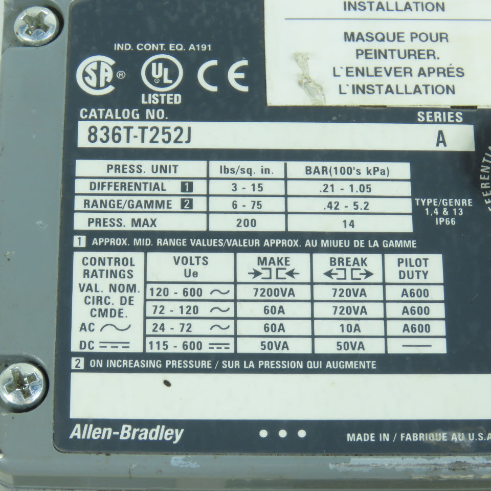 Allen Bradley 836T-T25J Electro Mechanical Pressure Control Switch 120-600V