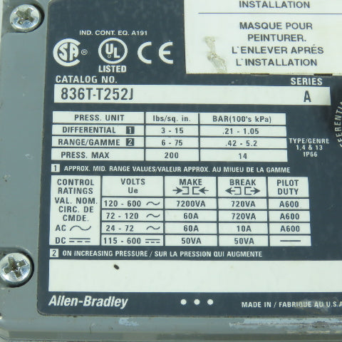 Allen Bradley 836T-T25J Electro Mechanical Pressure Control Switch 120-600V