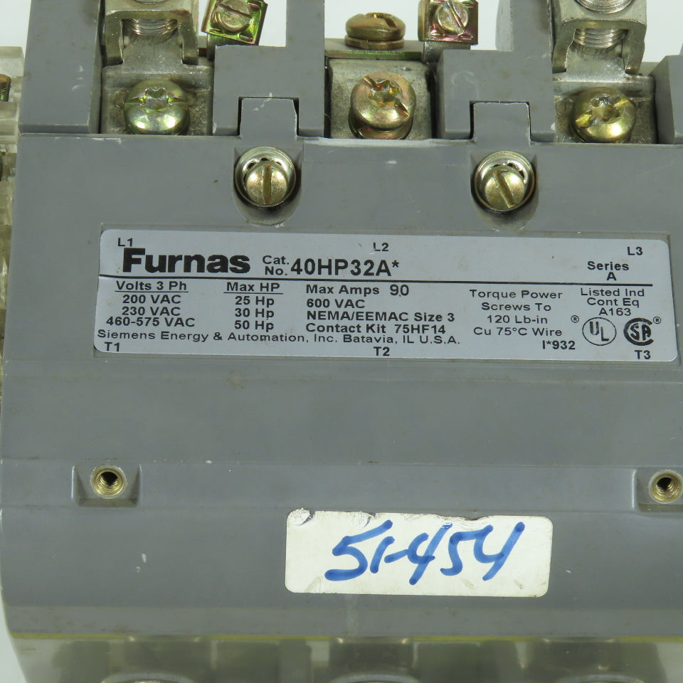 Furnas 40HP32A Nema Size 3 90A 600VAC Contactor 50HP 120V Coil