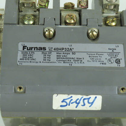 Furnas 40HP32A Nema Size 3 90A 600VAC Contactor 50HP 120V Coil