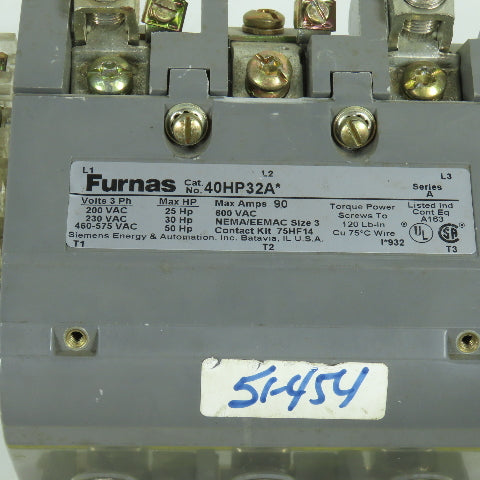 Furnas 40HP32A Nema Size 3 90A 600VAC Contactor 50HP 120V Coil