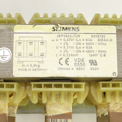 Siemens 4EP3800-7US Main Choke 600V 63A 480V 60/50HZ