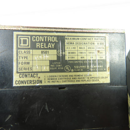 Square D L0-20 Ser A Control Relay Class 8501 600VAC 10A 120V Coil Lot Of 3