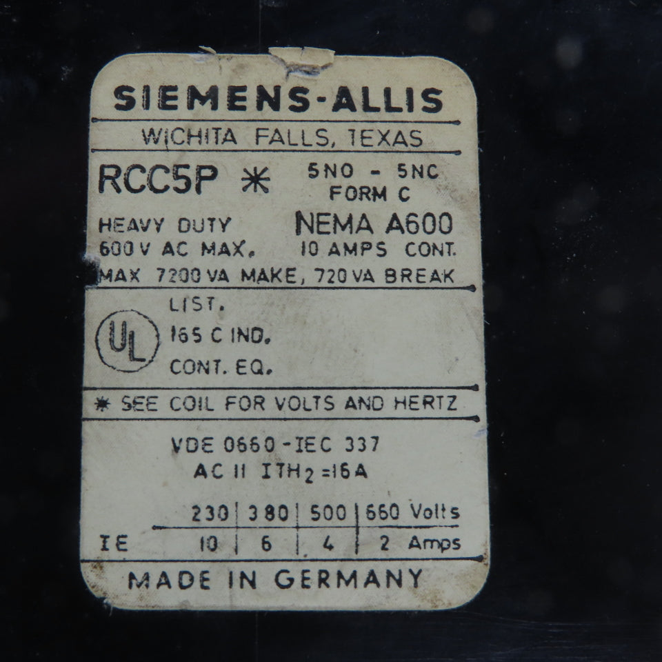Siemens-Allis RCC5P Contactor Motor Starter 120V Coil