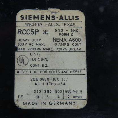 Siemens-Allis RCC5P Contactor Motor Starter 120V Coil