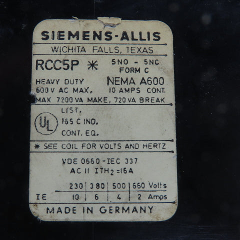 Siemens-Allis RCC5P Contactor Motor Starter 120V Coil