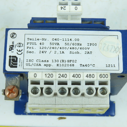 040-1114.00 50VA Transformer Pri 120/240/400/480/600V Sec 240V 2.1A