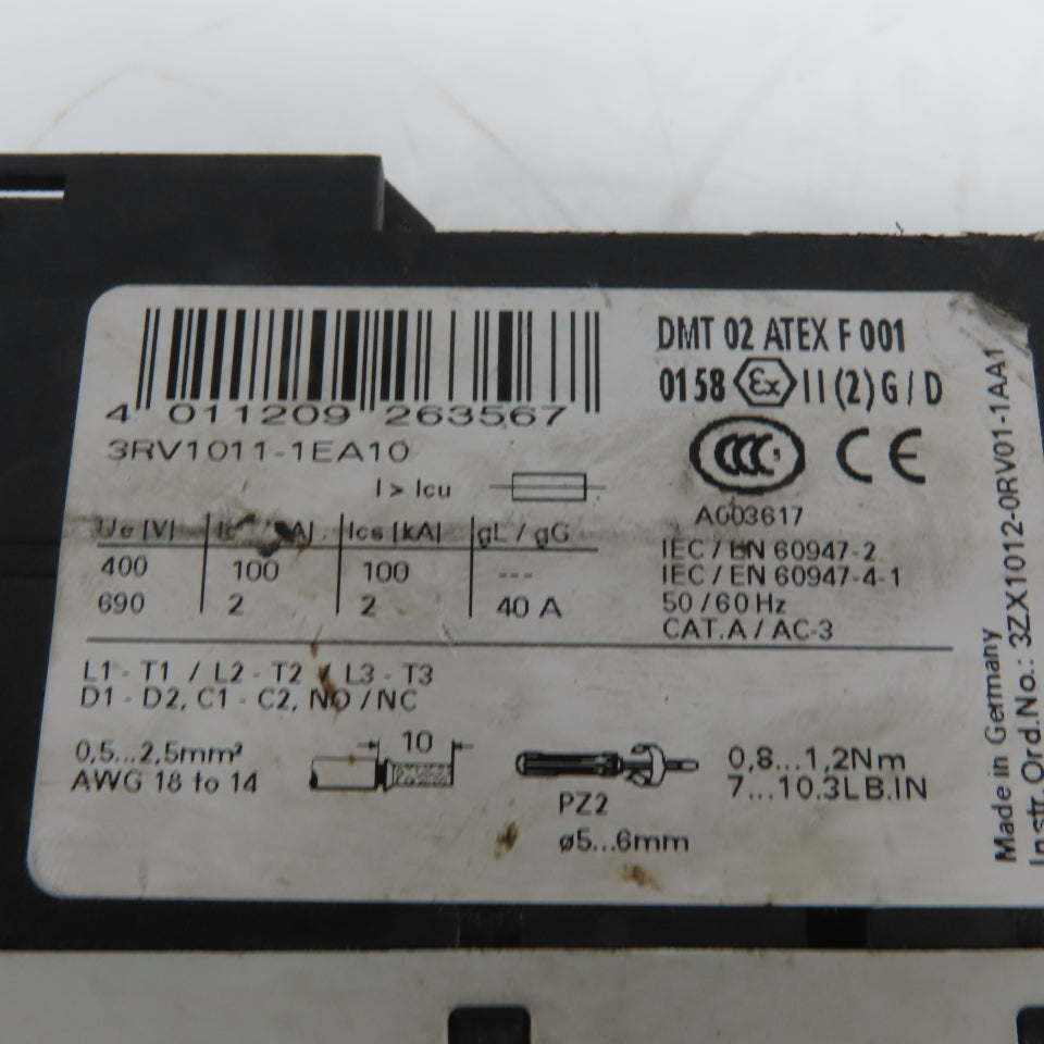Siemens 3RV1021-1JA10 Sirius 3Hp Motor Circuit Breaker Manual Motor Controller