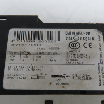 Siemens 3RV1021-1JA10 Sirius 3Hp Motor Circuit Breaker Manual Motor Controller