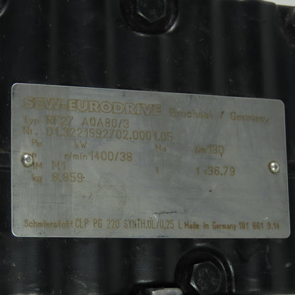 Sew Eurodrive RF27 AQA80/3 36.79:1 Ratio Gear Reducer Nm 130 38RPM