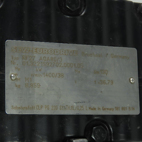 Sew Eurodrive RF27 AQA80/3 36.79:1 Ratio Gear Reducer Nm 130 38RPM