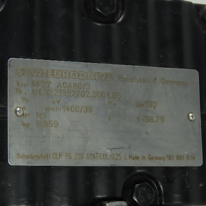 Sew Eurodrive RF27 AQA80/3 36.79:1 Ratio Gear Reducer Nm 130 38RPM