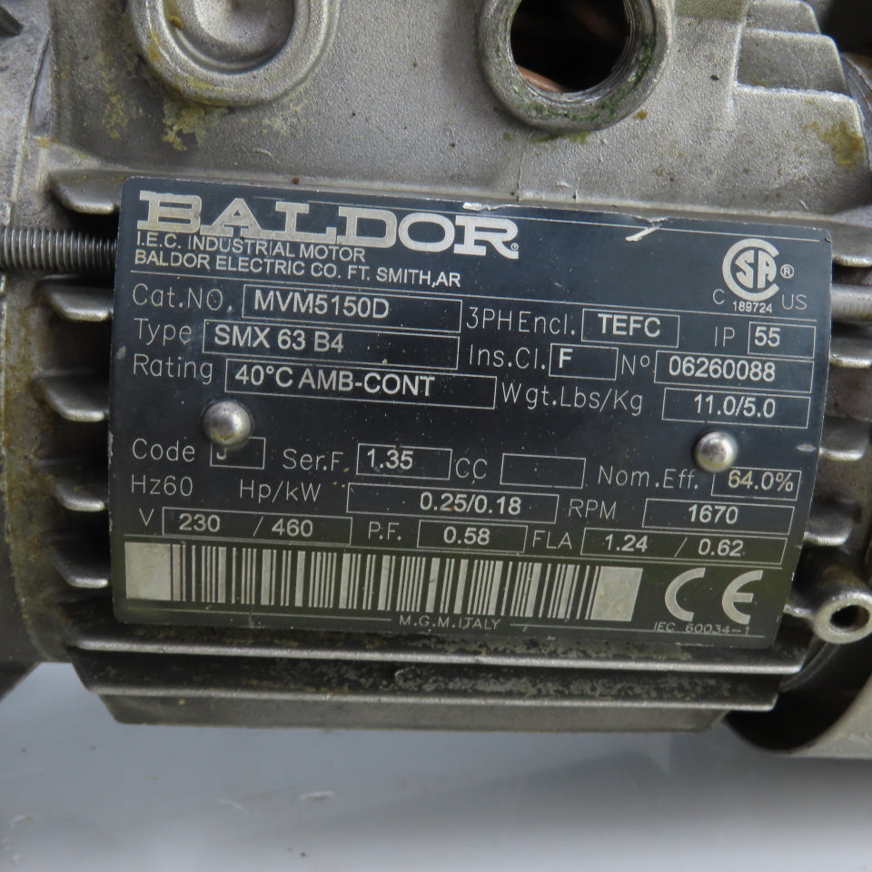 Baldor MVM5150D 0.25HP Right Angle Gear Motor & Reducer 230/460V 88RPM Out