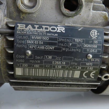 Baldor MVM5150D 0.25HP Right Angle Gear Motor & Reducer 230/460V 88RPM Out