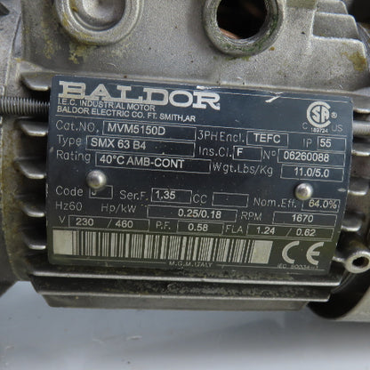 Baldor MVM5150D 0.25HP Right Angle Gear Motor & Reducer 230/460V 88RPM Out