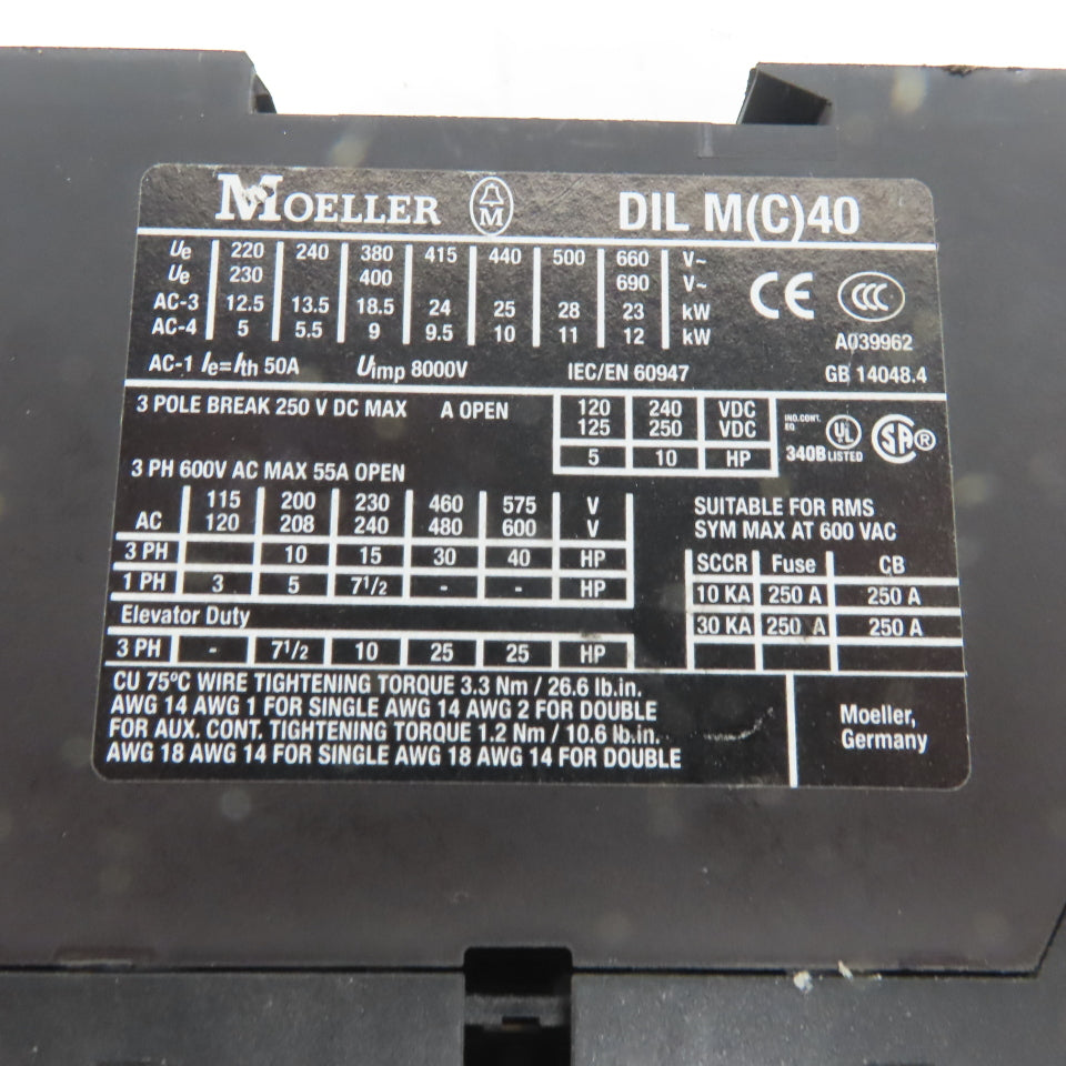 Moeller DIL M(C)40 Contactor 3 Pole 63 Amp 600V Max 24-27VDC Coil