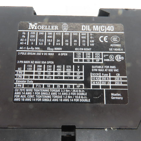 Moeller DIL M(C)40 Contactor 3 Pole 63 Amp 600V Max 24-27VDC Coil