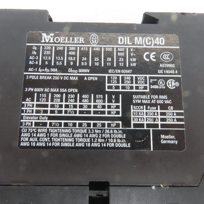 Moeller DIL M(C)40 Contactor 3 Pole 63 Amp 600V Max 24-27VDC Coil