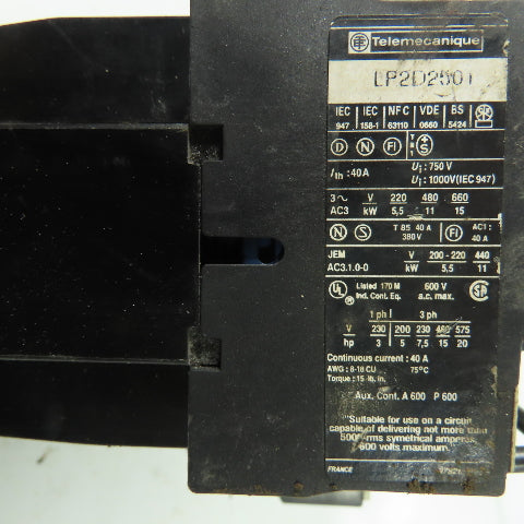 Telemecanique LP2D2501 600V Reversing Contactor 3Ph 40A 20HP 24VDC Coil