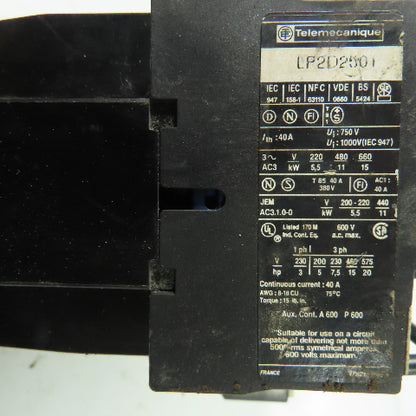Telemecanique LP2D2501 600V Reversing Contactor 3Ph 40A 20HP 24VDC Coil